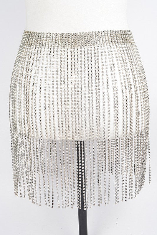 The Caught You Shining Rhinestone Fringe Belt (Silver)