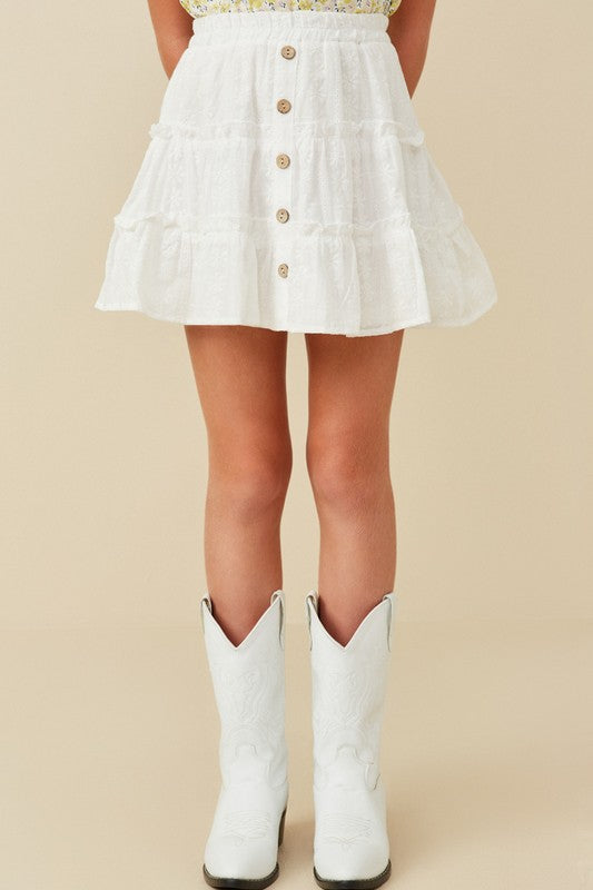 Girls Off White Floral Embroidered Button Skirt