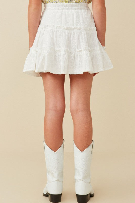 Girls Off White Floral Embroidered Button Skirt