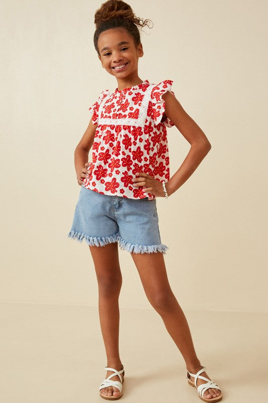 Girls Red Embroidery Textured Floral Lace Inset Top