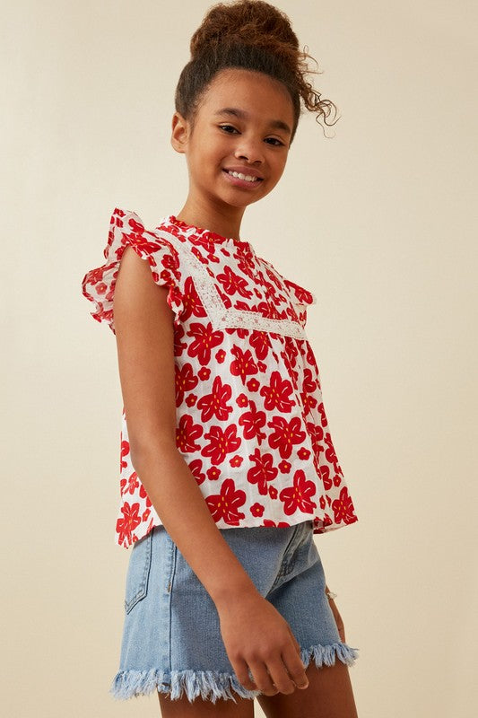 Girls Red Embroidery Textured Floral Lace Inset Top