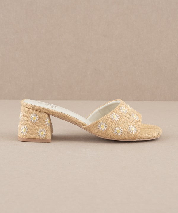 The Olive Floral Embroidered Wheat Heels