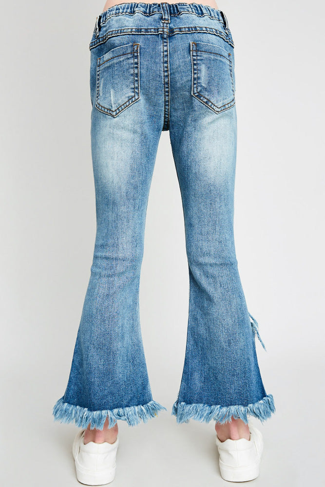 Girls Frayed Distressed Denim Flare Jeans