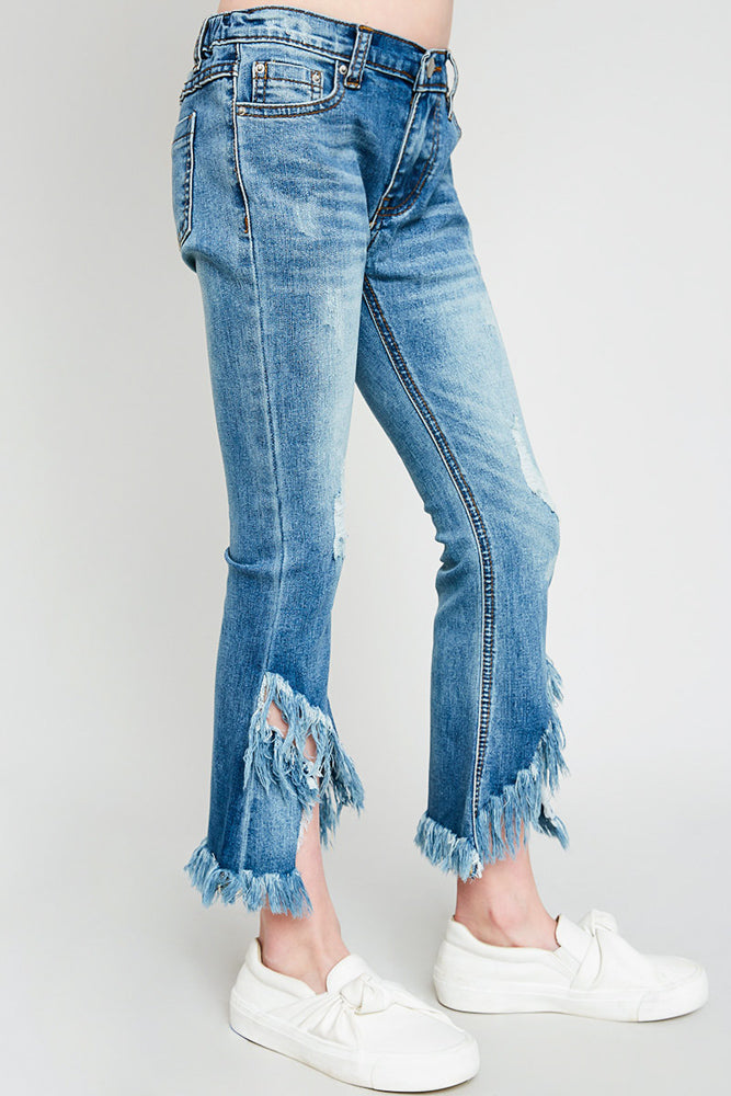 Girls Frayed Distressed Denim Flare Jeans