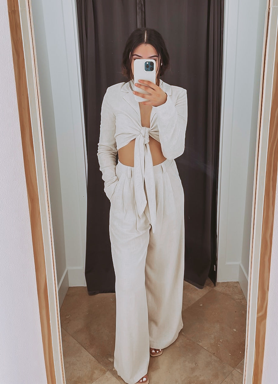 The Lexi Oatmeal Linen Front Tie Crop Top and Pants Set