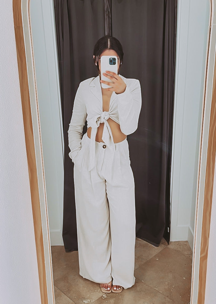 The Lexi Oatmeal Linen Front Tie Crop Top and Pants Set