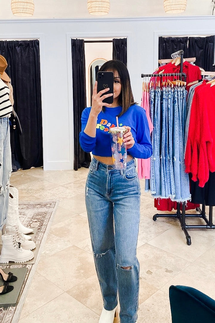 The Day Dreamers Blue Embroidered Long Sleeve Crop Top