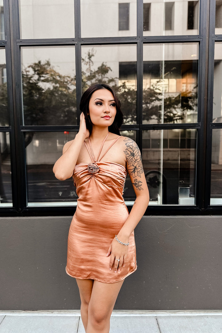 The Rose is a Rose Corsage Detail Cinnamon Satin Mini Dress