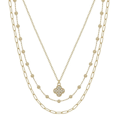 The Gold Rhinestone Clover Pendant Triple Layer Necklace