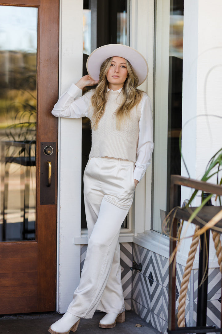 The Marley Cream Satin Wide Leg Pants with Belt