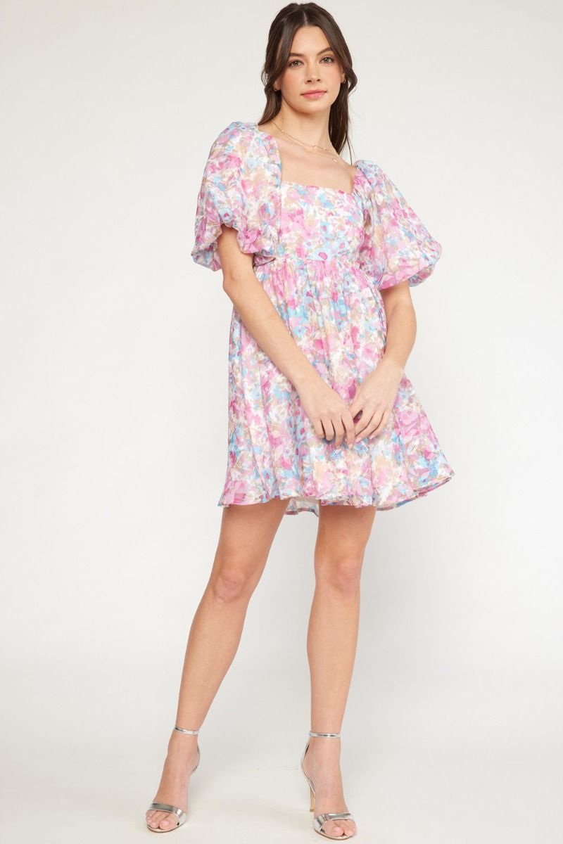 Water Lily Pink Floral Print Puff Sleeve Mini Dress