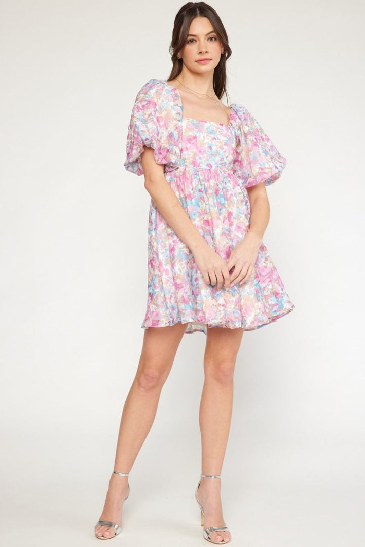 Water Lily Pink Floral Print Puff Sleeve Mini Dress