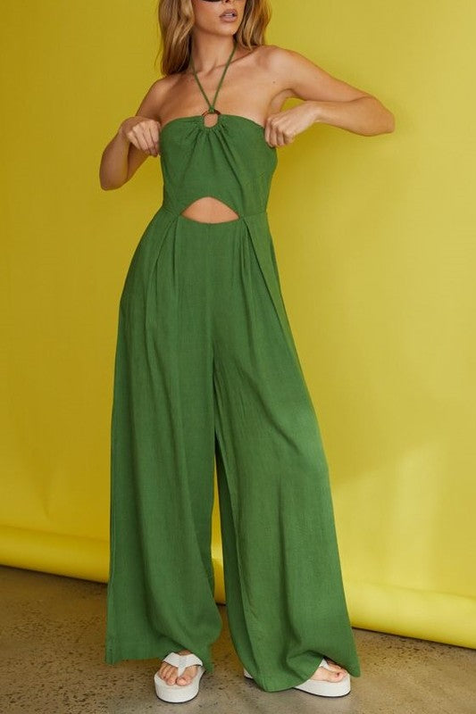 The Green With Envy Cutout Halter Linen Jumpsuit